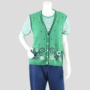 Vintage Green & Blue Embroidered Floral Sweater Vest Women's Petite Small